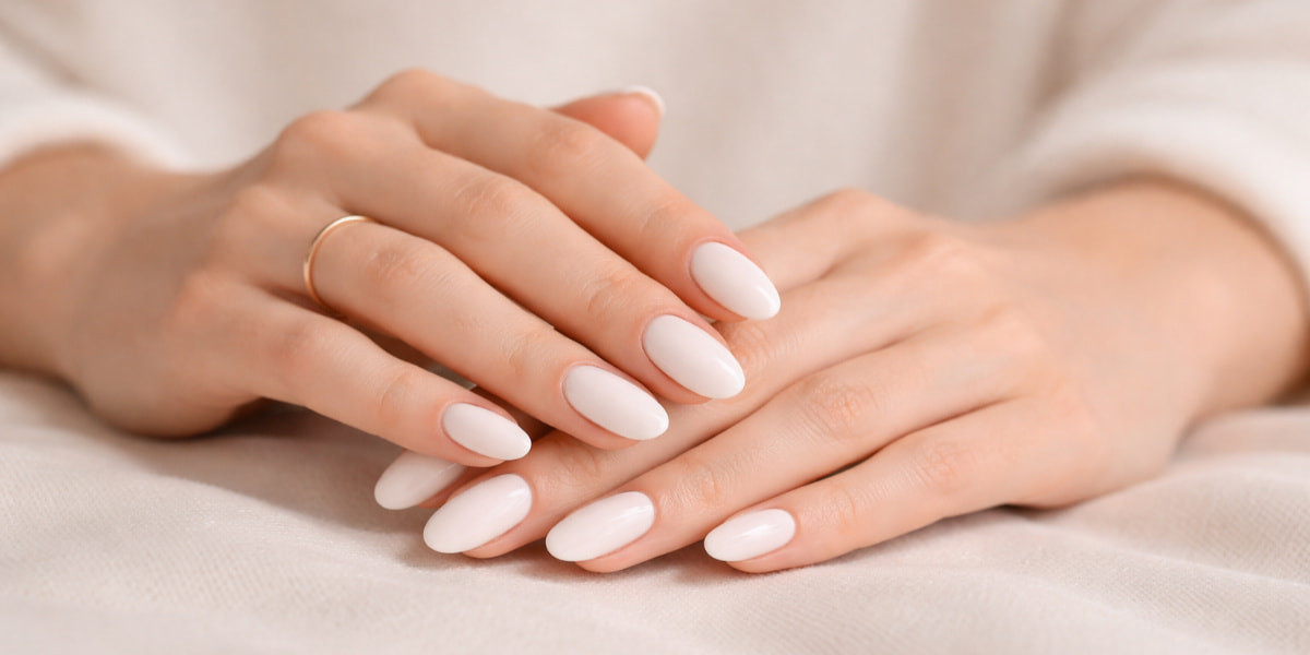 Trendy nechty 2026 v odtieni Cloud Dancer, mliečne biela minimalistická manikúra