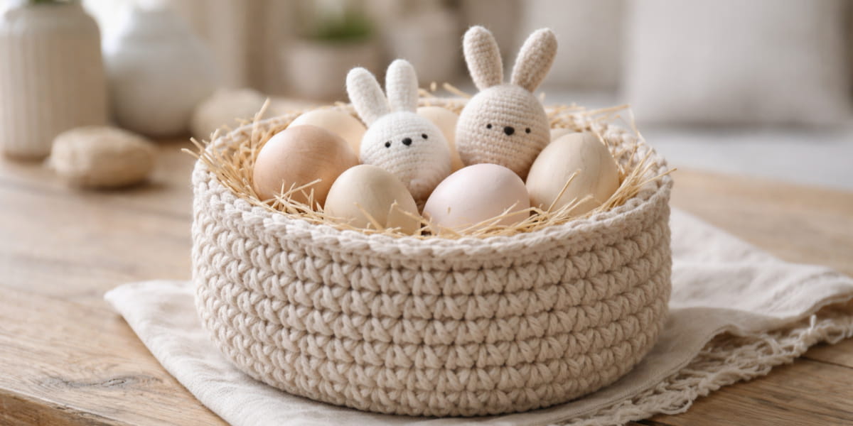 Háčkovaný košík ako veľkonočná dekorácia do interiéru
