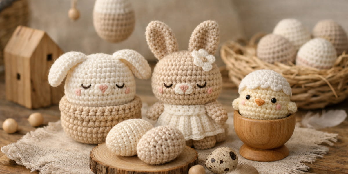 Háčkované veľkonočné ozdoby zajačik a vajíčko