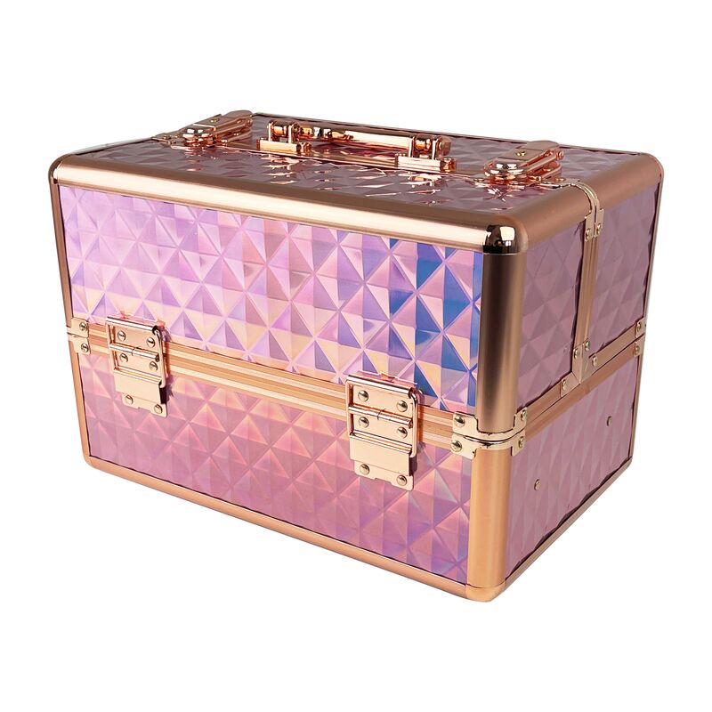 Ružový kozmetický kufrík s leskom a rámom vo farbe rose gold